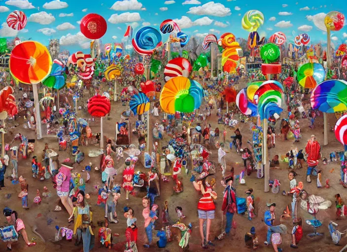 Image similar to where's waldo, lollipops and rainbows, lowbrow, matte painting, 3 - d highly detailed, in the style of camille rose garcia