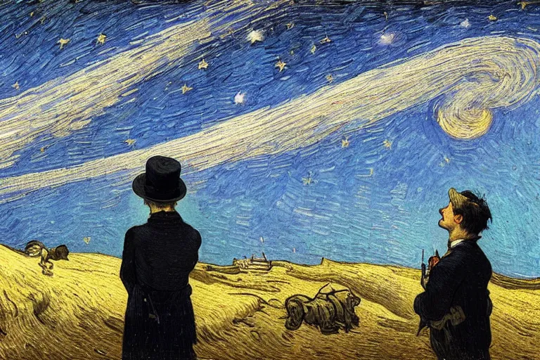 Image similar to a person looking at the night sky with clouds and stars, colorful, beautiful, national geographic, very detailed, astrophotography, cinematic lighting, oil painting, canvas, Theodor Kittelsen, Vincent van Gogh