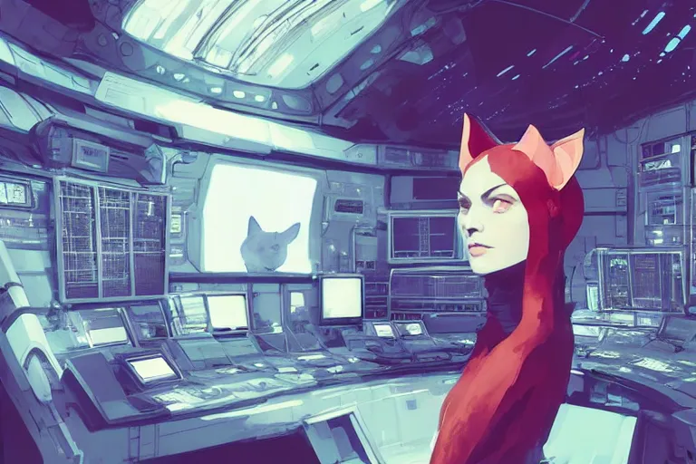Image similar to woman with cat ears in a space ship control room, futuristic, digital art, by conrad roset, by yoshitaka amano, by greg rutkowski, concept art, beautiful face, 4 k