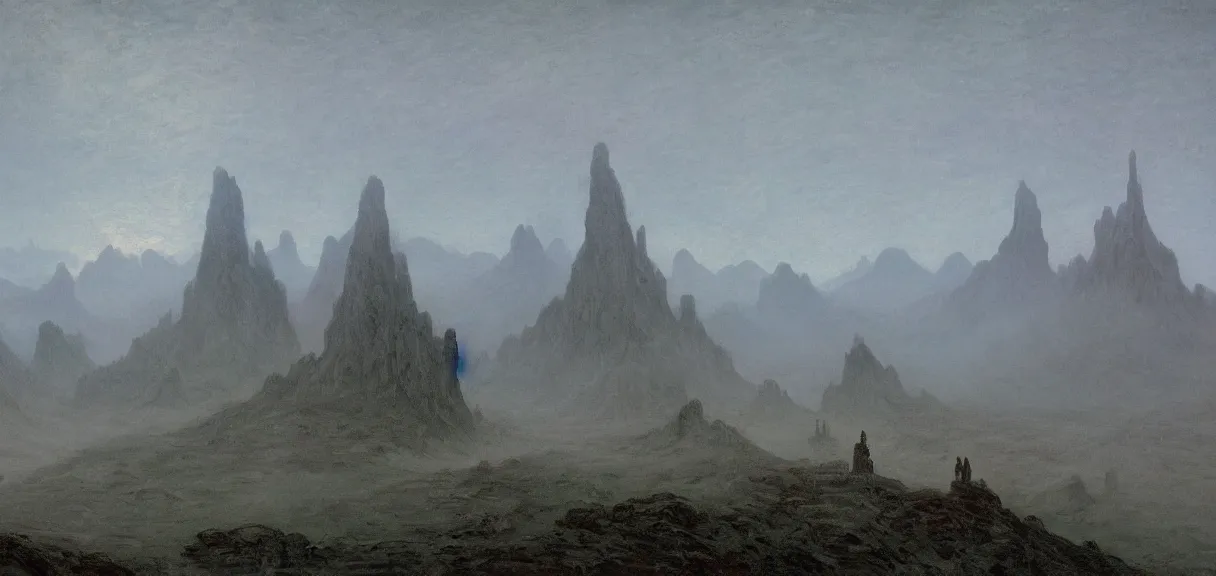 Prompt: A Spiritual landscape by the ancient masters, the sky is dark, the world is covered with fog, and two figures can be seen standing in the midst of it. The background is completely covered with an endless series of mountains and towers, with only their tops standing out from the fog by Simon Stålenhag and Claude Monet.