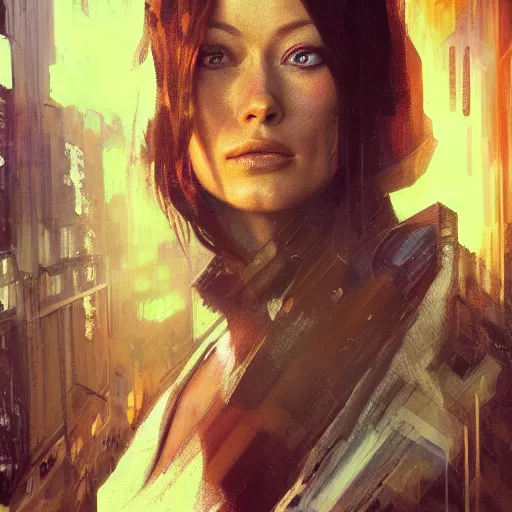 Image similar to olivia wilde, hyperrealistic portrait, bladerunner street, art of elysium by jeremy mann and alphonse mucha, fantasy art, photo realistic, dynamic lighting, artstation, poster, volumetric lighting, very detailed face, 4 k, award winning