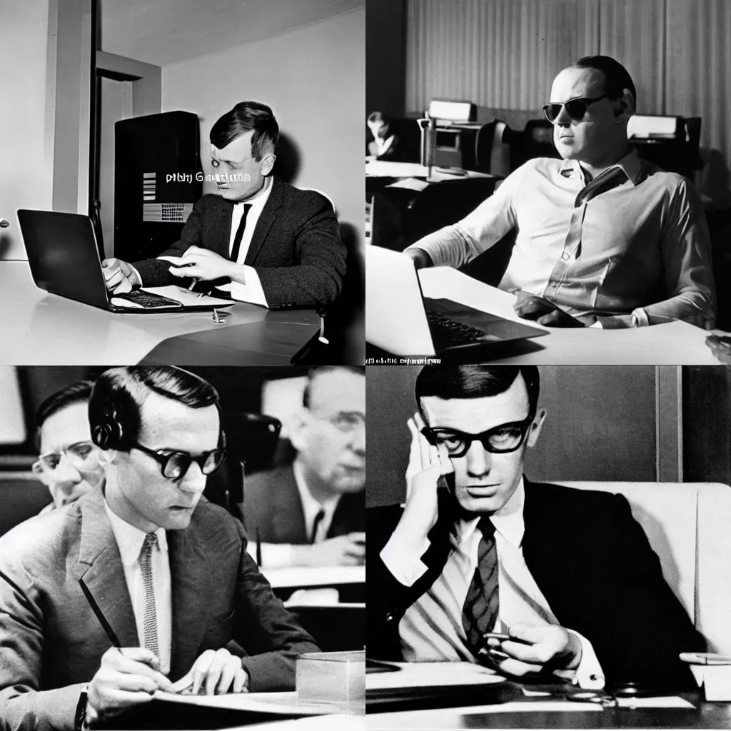 Prompt: An evil looking strategy consultant using his fingers and laptop to lead energy companies to world domination, 1960s style