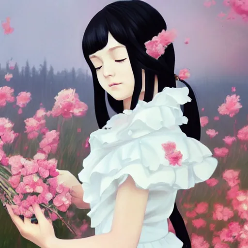 Image similar to little girl with her long black hair dressed in a simple white dress putting flowers on hair, anime art style, digital artwork made by ilya kuvshinov, inspired in balthus, hd, 4 k, hyper detailed