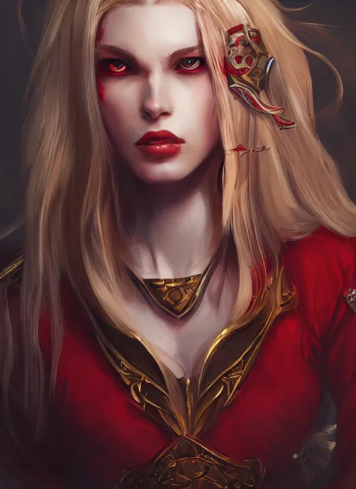 Image similar to a highly detailed illustration of beautiful long dirty blonde haired pale girl wearing red epaulette uniform, red eyes, dramatic seductive pose, intricate, elegant, highly detailed, centered, digital painting, artstation, concept art, smooth, sharp focus, league of legends concept art, WLOP