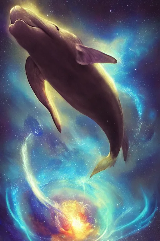 Image similar to Ethereal blue fire dolphin flying through a nebula, Sirius star system, star dust, cosmic, magical, shiny, glow,cosmos, galaxies, stars, outer space, stunning, by andreas rocha and john howe, and Martin Johnson Heade, featured on artstation, featured on behance, golden ratio, ultrawide angle, hyper detailed, photorealistic, epic composition, wide angle, f32, well composed, UE5, 8k