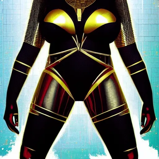 Prompt: full body portrait of the thicc Egyptian Android Pharaoh Queen, by DC comics and Sandra Chevrier and beeple, artstation, volumetric lighting, hyperrealism, hyper detailed futuristic royalty, strong and muscular, award winning costume design, cybernetic bionic ancient cyborg, fashion show runway, futuristic fine textures, woven with electricity, high fashion superpowers, dust particles, mystic haze, greg rutkowski, Tooth Wu, 4k UHD, 35mm