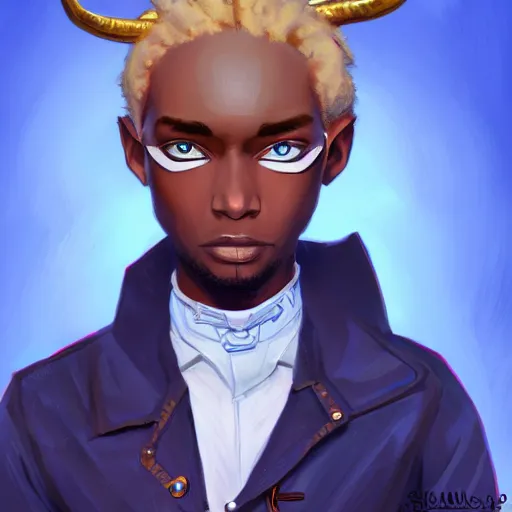 Image similar to african american man with blue eyes, blonde hair, horns, wearing steampunk attire, highly detailed, digital painting, artstation, matte, by makoto shinkai, animation style