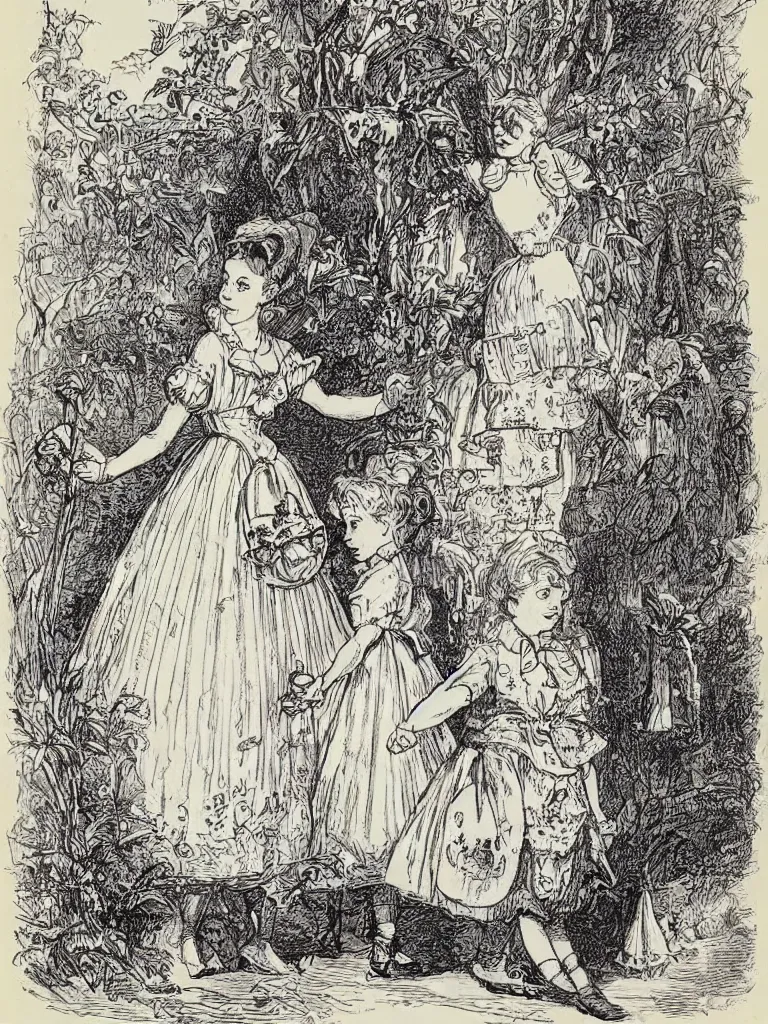 Image similar to Tenniel illustration portrait of Alice, walking in wonderland