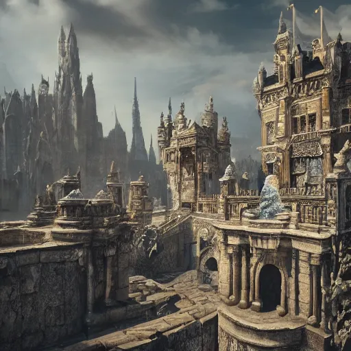 Image similar to dark fantasy, ruined city with palace made out of blue quartz in the middle, cinematic, ultrarealistic, intricate detail, finely detailed, small details, extra detail, high resolution, volumetric lighting, octane render, 8 k, ultradetailed, photorealistic