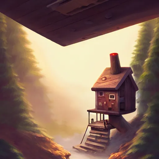 Image similar to a walking wood and metal house with two legs and one big eye, smoke chimney, rust, hyperrealistic, highly detailed, cinematic, single ray of sun, morning, pareidolia, gravity falls style, disney, ghibli, beautiful, cgssociety, artstation, 8 k, oil painting, digital art