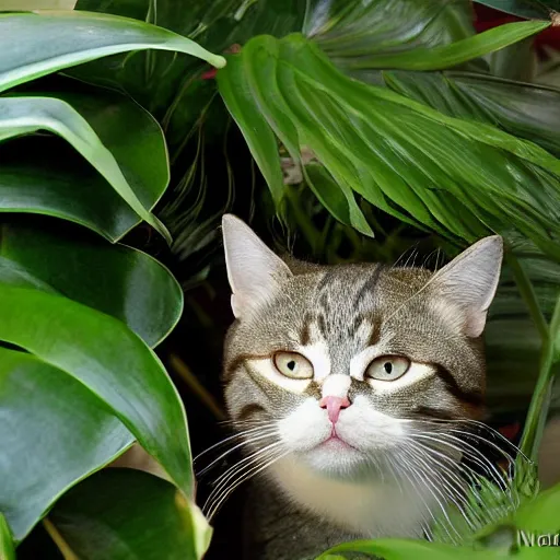 Image similar to cat hiding behind a potted philodendron plant by nxoeed