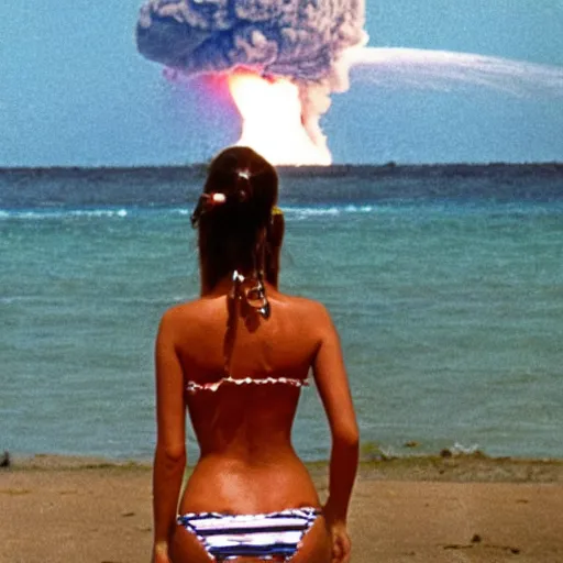 Prompt: a girl with a ponytail wearing bikini watching a nuclear explosion, 1 9 7 0 s photo