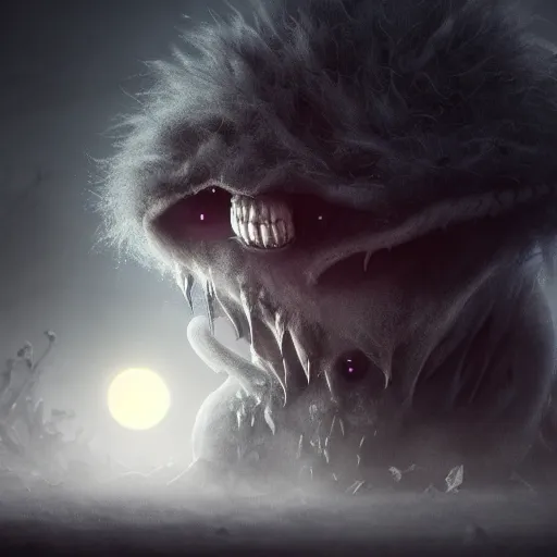 Prompt: full shot portrait of angry cute and fluffy darkness creature at moonlight, inspired by Tim Burton, Norihiro Yagi, Marc Simonetti, Amano, Juri Misaki, Giger, detailed, unreal engine 4k volumetric light, fog,