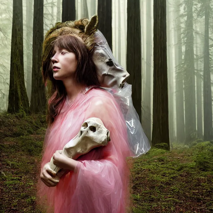 Image similar to a color photograph, closeup portrait of a woman wrapped in plastic, holding a unicorn skull, in a foggy redwood forest, color photograph, by vincent desiderio, canon eos c 3 0 0, ƒ 1. 8, 3 5 mm, 8 k, medium - format print