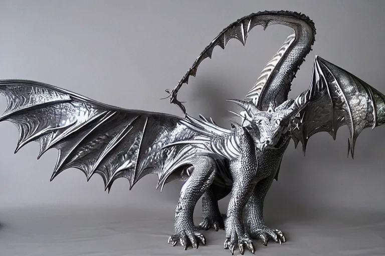 Image similar to 128 foot tall silver western style dragon that has purple accents, 360 foot wingspan, and jagged yet smooth plated scales