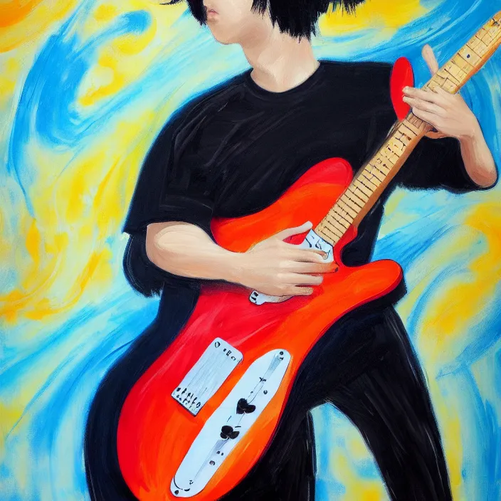 Image similar to abstract large swirly brush strokes painting of a young korean man wearing black low neck t shirt holding a telecaster!!! electric guitar!!, candid!! dark background, huge thick flowing dramatic brush strokes, matte colors, abstract, emotional masterpiece, impressionist, trending on artstation