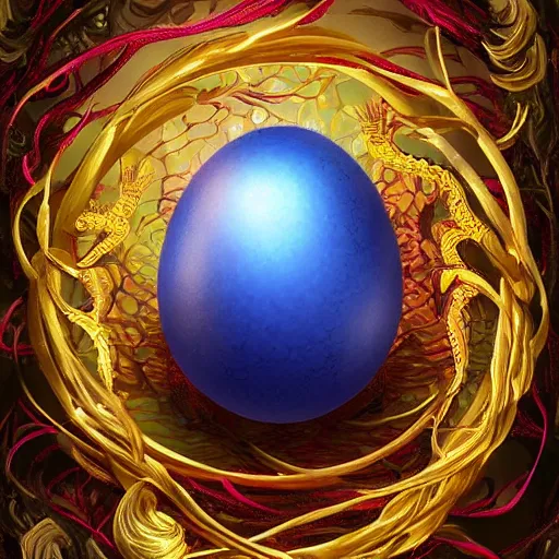 Image similar to an elaborate glowing red and blue dragon egg emerging from the blossom of a metallic gold flower with tendrils of gold wrapping around the egg, fantasy concept art