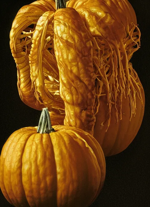 Image similar to portrait of a pumpkin with translucent skin, visible muscles and veins and arteries and bones and spines and nerves, beautiful detailed intricate insanely detailed octane render, 8 k artistic photography, photorealistic, chiaroscuro, by david cronenberg, raphael, caravaggio