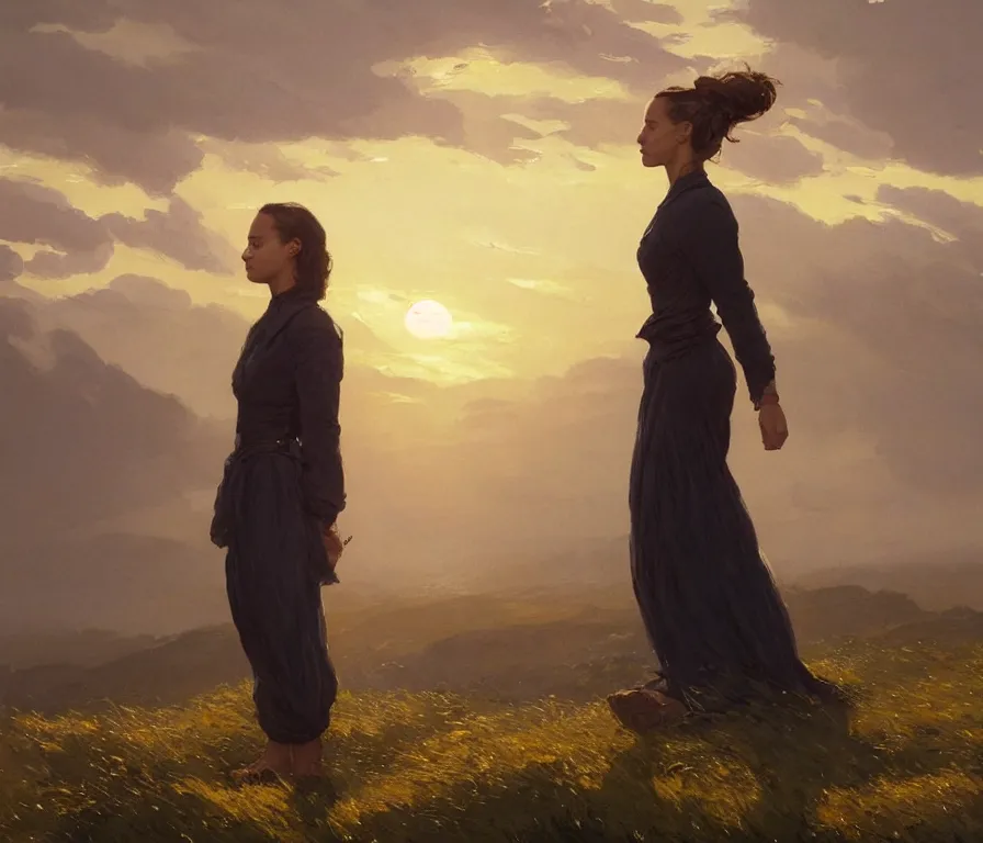 Prompt: alicia vikander in beautiful man's clothes. watches the sunset. confident pose. lush landscape. concept art by greg rutkowski, john j. park, jason chan, noah bradley, feng zhu, gintas galvanauskas, gustave courbet, rosa bonheur, edward hopper. sharp focus, cinematic atmosphere, detailed and intricate, perfect anatomy