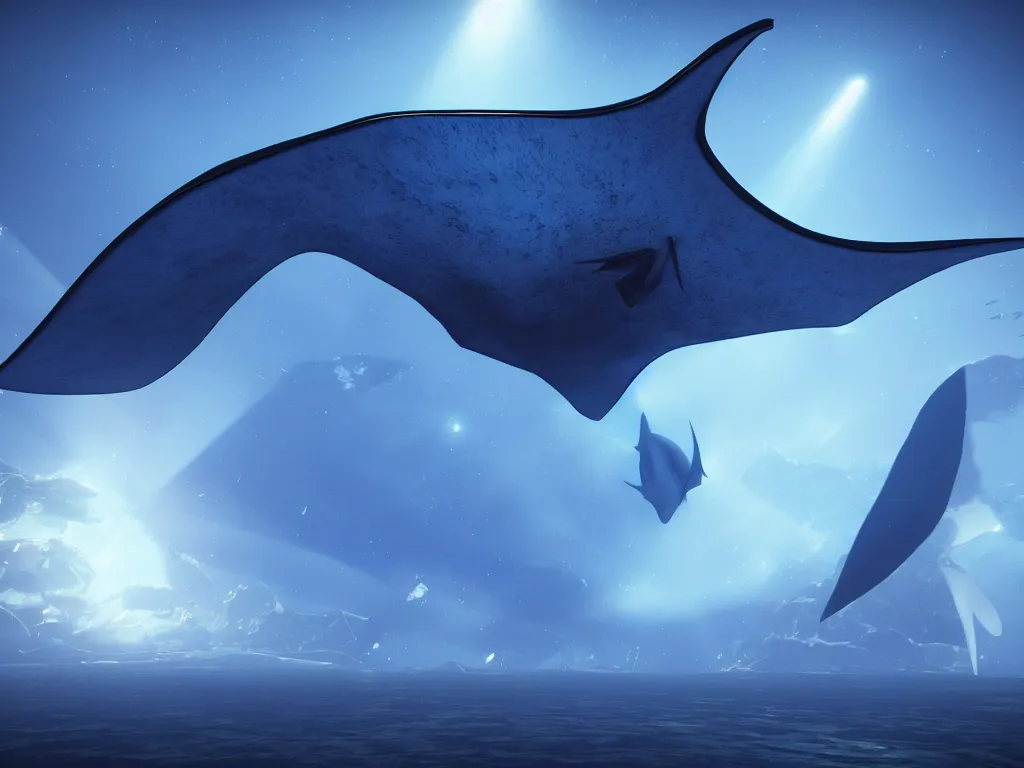 Image similar to giant manta ray in space, unreal engine 5, perspective 3 d octane render, cold blue color scheme!!!, by 8 k, light rays, lens flare, epic, hyperdetailed, trending on artstation