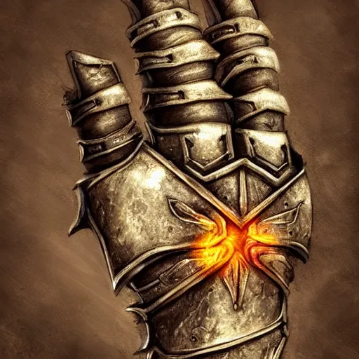 Image similar to warrior Gauntlet fist, war theme gauntlet fist, fantasy gauntlet of warrior, armored gauntlet fingers, fiery coloring, epic fantasy style art, fantasy epic digital art, epic fantasy weapon art