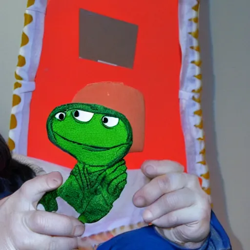 Image similar to happy pepe the miner in a puppet show