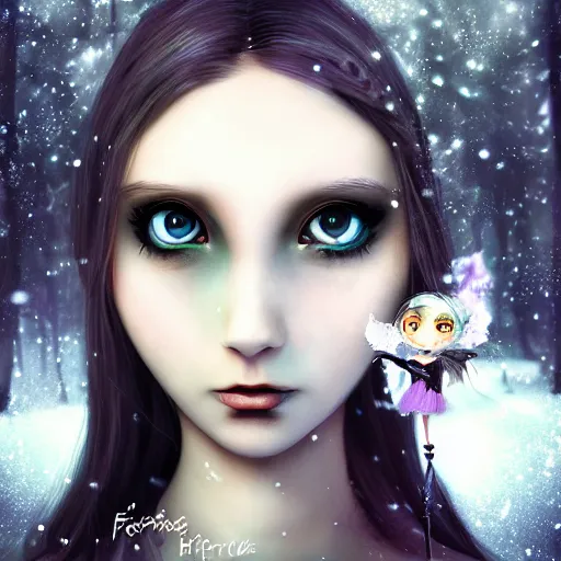 Image similar to focus face portrait of beautiful darkness witch 3D anime girl, dark forest background, snowing, bokeh, inspired by Tim Burton, digital painting, high contrast, unreal engine render, volumetric lighting, high détail