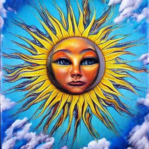 Prompt: beautiful sun, oil, acrylic, canvas, texture, 1 9 8 0's, crafty, abstract, super - realism, over - the - top, extreme details, totally realistic, amazing, extreme, hyper - realistic, abstract, surreal