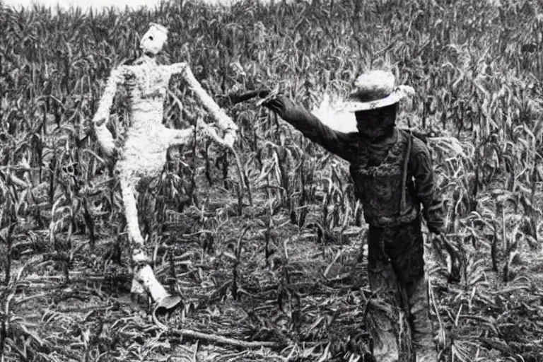 Image similar to disturbing scarecrow from the early 1 9 0 0's burning down the cornfields