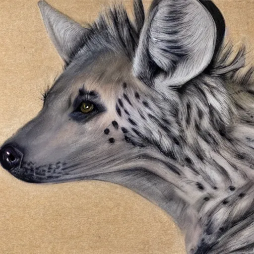 Image similar to highly detailed charcoal painting of a devilish hyena in the woods