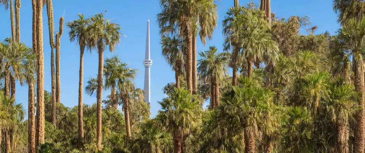Image similar to monumental golden tower in arid mountain and lush palm forest