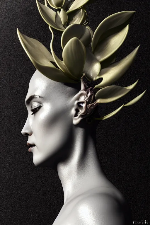 Image similar to close - up profile face, black background, beautiful young porcelain vegetal - dragon - cyborg - female, 1 5 0 mm, beautiful natural soft rim light, silver gold details, magnolia leaves and stems, roots, mandelbot fractal, elegant, hyper real, ultra detailed, white metallic armour, octane render, 1 6 k