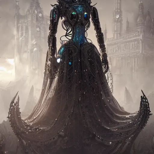 Image similar to female robots with heart organ, dressed in intricate gothic futuristic veils and jewels, epic environment, matte painting, diffused lighting, highly detailed, cinematic, epic atmosphere, digital art, trending on artstation, wide angle