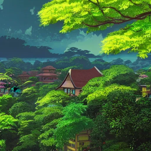 Image similar to stunning vista of lush foliage and wooden homes under dramatic sky, by studio ghibli, sharp focus vfx key shot