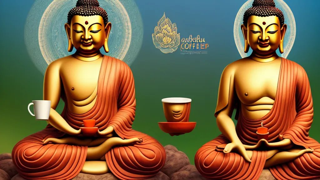 Image similar to a hyperdetailed painting of a happy buddha sitting on a lotus in deep meditation, one hand on his knee and the other hand holding a comically large cup of coffee, ambient occlusion, 3 d model, quantum fractals, magic realism, trending on artstation,