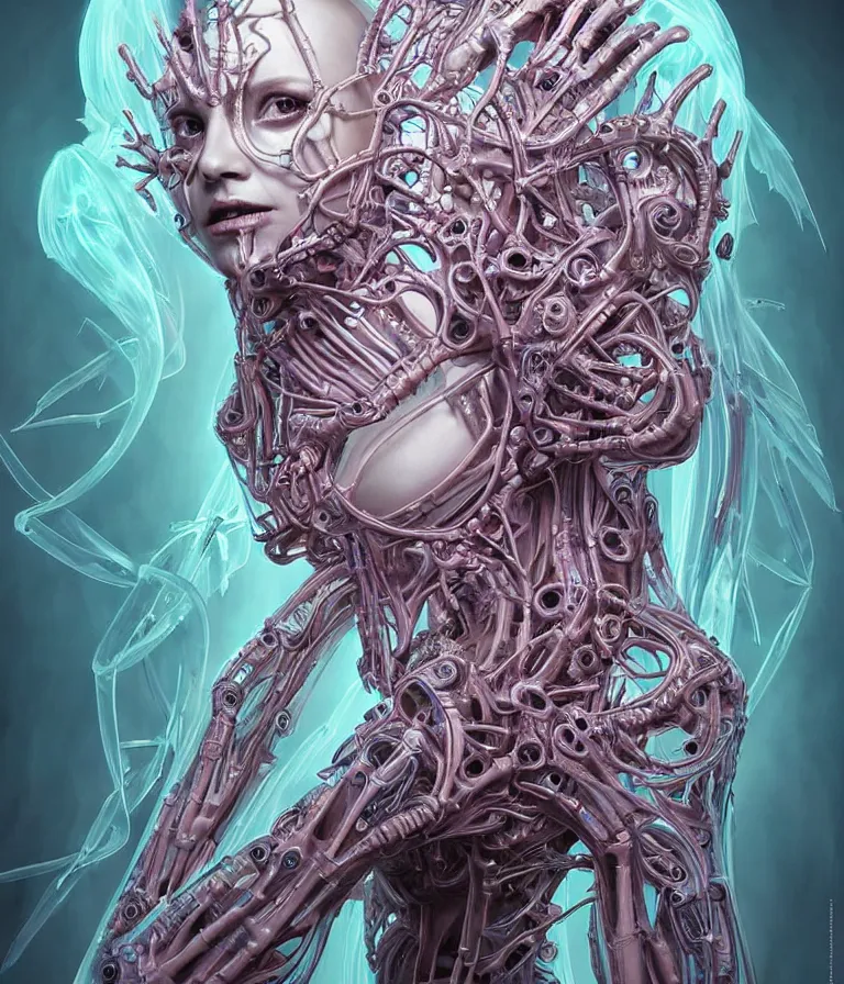 Image similar to fully symmetrical centered iridescent portrait of a beautiful princess demon in robe. skulls artificial muscles, ribcage, bones, hard surface modelling. cyberpunk look. biomechanical mask. bio luminescent biomechanical halo around head. neon jellyfish. artwork by jarold Sng by artgerm, by Eddie Mendoza, by Peter mohrbacher by tooth wu, by hr giger, unreal engine, octane render, cinematic light, high details, iridescent colors, dichroic, macro, depth of field, blur