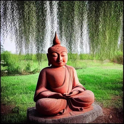 Image similar to “ a cute pig, meditating like buddha, large willow tree in the background. ”