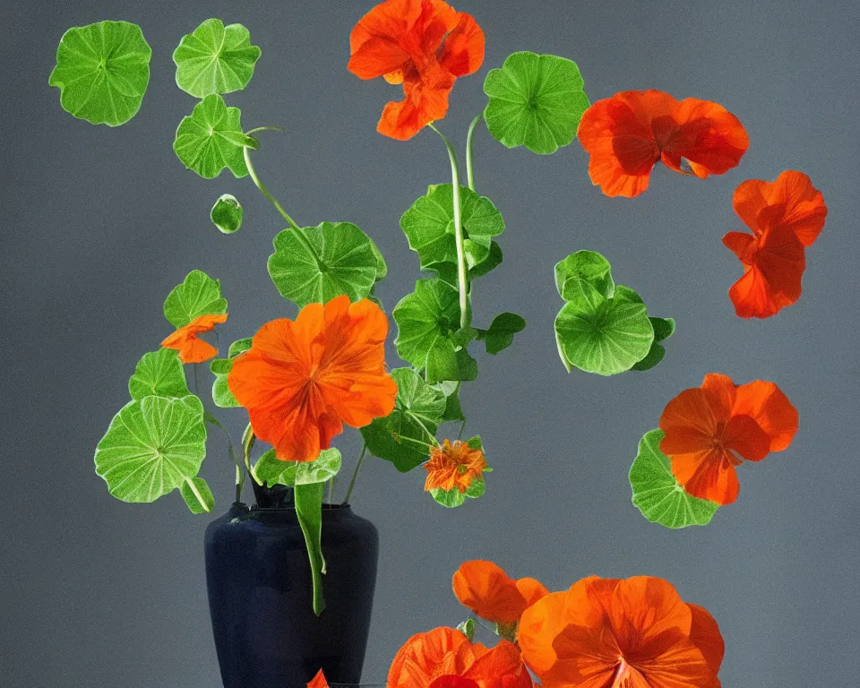 Prompt: photorealistic still life arrangement of a flowering nasturtium surrounded by blueish smoke with soft light coming from a window in a very dark room