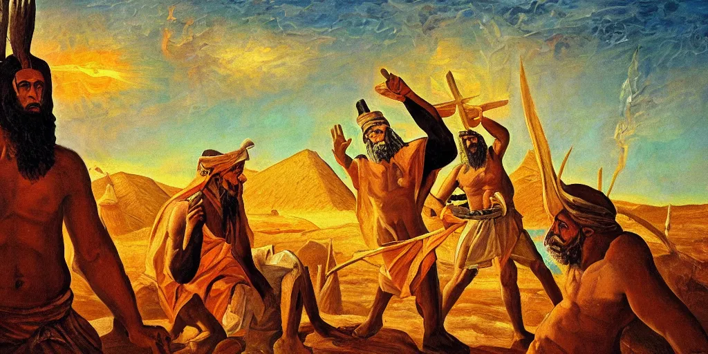 Prompt: prophet Moses vs pharaoh’s magicians, oil painting, cinematic, sunset, monsters, demons, pyramids