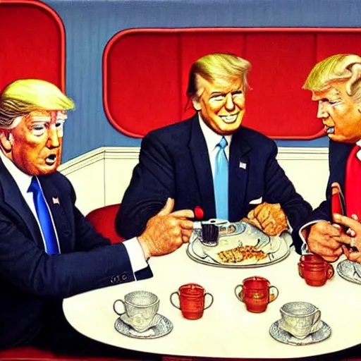 Prompt: joe biden and donald trump having dinner in a 1 9 5 0 s diner. highly detailed painting by norman rockwell 8 k