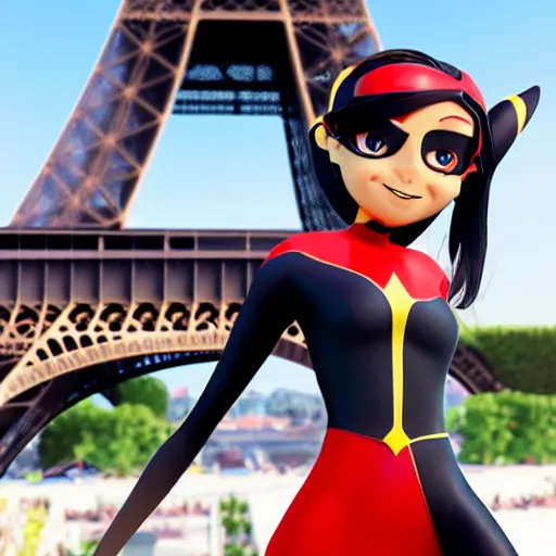 Image similar to dynamic angle of superheroe Marinette Dupain-Cheng from Miraculous: Tales of Ladybug & Cat Noir action pose in front of the eiffel tower, octane render, close-up, fresh, sunny day