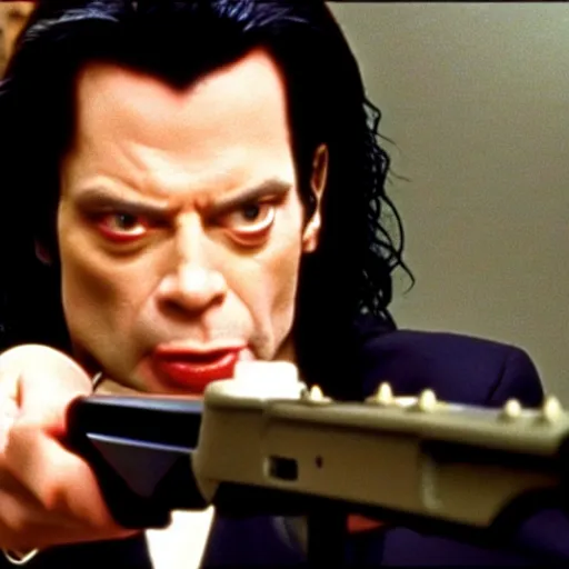 Image similar to still of tommy wiseau as vincent vega holding a gun in pulp fiction ( 1 9 9 4 ), 4 k, cinematic, film footage, screencap, by quentin tarantino