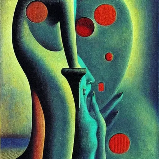 Image similar to Oil painting by Max Ernst. Strange mechanical beings kissing. Close-up portrait by Lisa Yuskavage. Paul Klee.