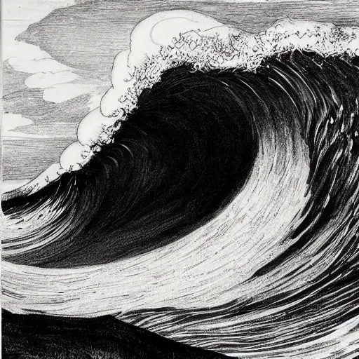 Prompt: an beautiful painting of one single hawaiian wave painted by albrecht durer, monochromatic color scheme, high detail, breathtaking wave, lineart!, line art, soft colors, simplicity, charcoal drawing