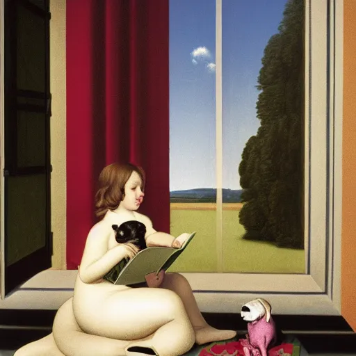 Image similar to a girl and her pug reading a book by Raphael, Hopper, and Rene Magritte. detailed, romantic, enchanting, trending on artstation.