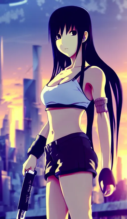 Image similar to anime fine details portrait of Tifa Lockhart in front of cyberpunk moder city landscape on the background deep bokeh, close-up view, anime masterpiece by Studio Ghibli. 8k, sharp high quality anime, artstation