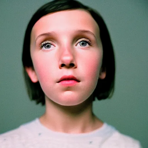 Image similar to A Medium shot of a Millie bobby brown face, captured in low light with a soft focus. There is a gentle pink hue to the image, and the Millie’s features are lightly blurred. Cinestill 800t
