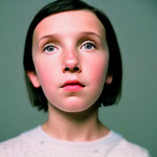 Prompt: A Medium shot of a Millie bobby brown face, captured in low light with a soft focus. There is a gentle pink hue to the image, and the Millie’s features are lightly blurred. Cinestill 800t