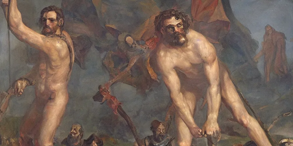 Image similar to high quality high detail painting, dead giant goliath, david standing next to the body