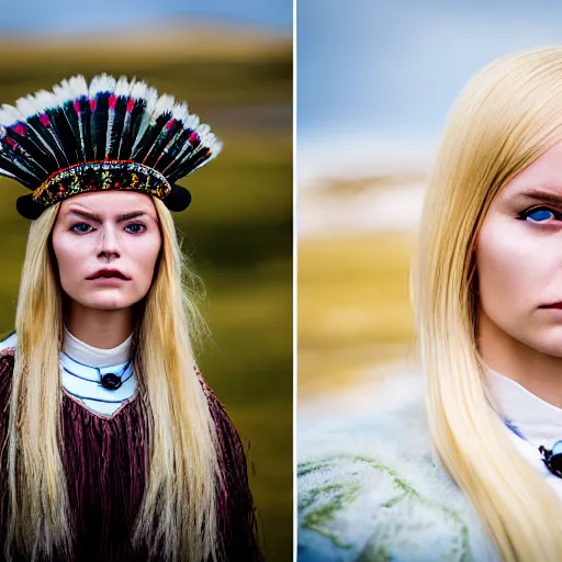 Prompt: symmetry!! portrait photograph of an extremely beautiful!!!! young blonde scandinavian woman with symmetric face. with a very detailed raven!!! on her shoulder. wearing traditional greenlandic national colorful costume or kalaallisuut. in iceland. petzval lens. shallow depth of field. on flickr, art photography,